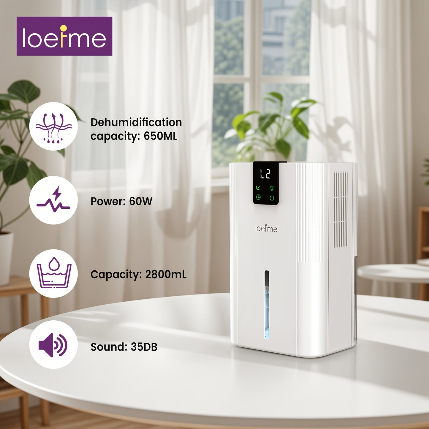 Loefme Electric Dehumidifier, 2800ml, Quiet Dehumidifier for Home, Small Dehumidifier with Function Defrosting & Sleep Mode, Timing function, for Bathrooms, Kitchens, Living Areas, Dehumidifiers for Basement, Dehumidifier for - Air pur