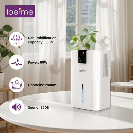 Loefme Electric Dehumidifier, 2800ml, Quiet Dehumidifier for Home, Small Dehumidifier with Function Defrosting & Sleep Mode, Timing function, for Bathrooms, Kitchens, Living Areas, Dehumidifiers for Basement, Dehumidifier for - Air pur