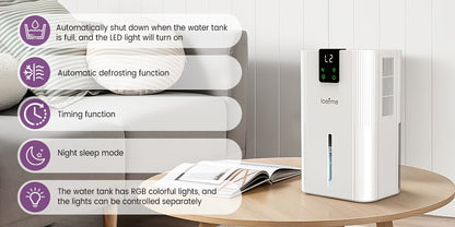 Loefme Electric Dehumidifier, 2800ml, Quiet Dehumidifier for Home, Small Dehumidifier with Function Defrosting & Sleep Mode, Timing function, for Bathrooms, Kitchens, Living Areas, Dehumidifiers for Basement, Dehumidifier for - Air pur