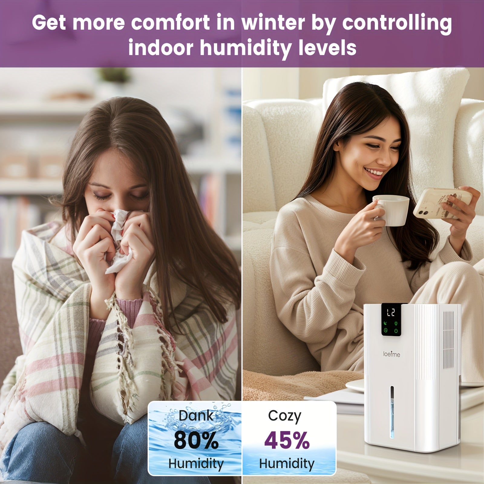 Loefme Electric Dehumidifier, 2800ml, Quiet Dehumidifier for Home, Small Dehumidifier with Function Defrosting & Sleep Mode, Timing function, for Bathrooms, Kitchens, Living Areas, Dehumidifiers for Basement, Dehumidifier for - Air pur