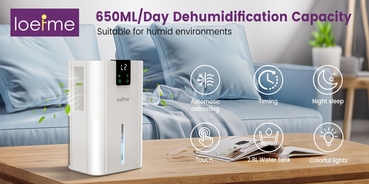Loefme Electric Dehumidifier, 2800ml, Quiet Dehumidifier for Home, Small Dehumidifier with Function Defrosting & Sleep Mode, Timing function, for Bathrooms, Kitchens, Living Areas, Dehumidifiers for Basement, Dehumidifier for - Air pur