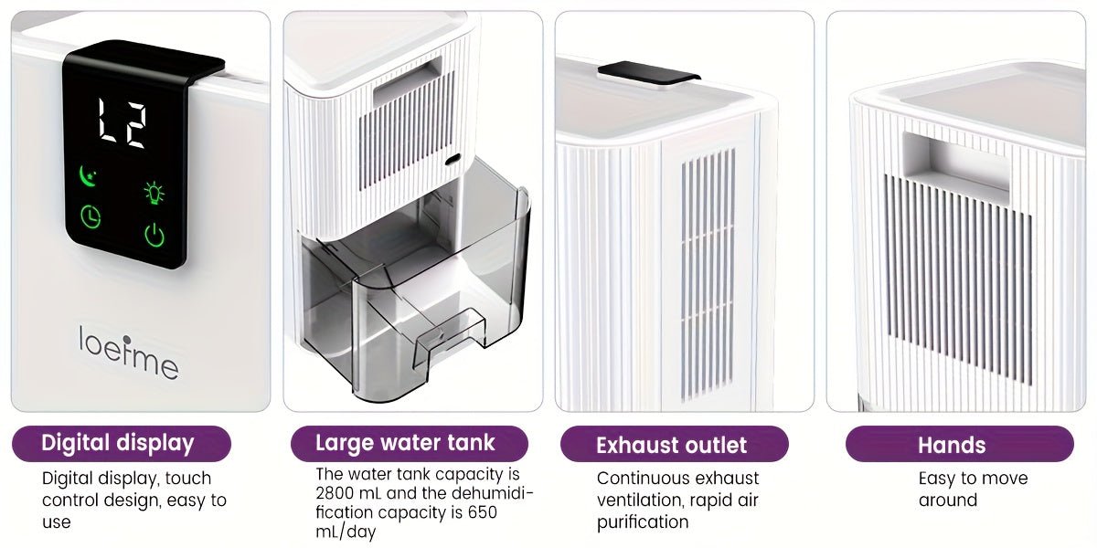 Loefme Electric Dehumidifier, 2800ml, Quiet Dehumidifier for Home, Small Dehumidifier with Function Defrosting & Sleep Mode, Timing function, for Bathrooms, Kitchens, Living Areas, Dehumidifiers for Basement, Dehumidifier for - Air pur