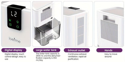 Loefme Electric Dehumidifier, 2800ml, Quiet Dehumidifier for Home, Small Dehumidifier with Function Defrosting & Sleep Mode, Timing function, for Bathrooms, Kitchens, Living Areas, Dehumidifiers for Basement, Dehumidifier for - Air pur